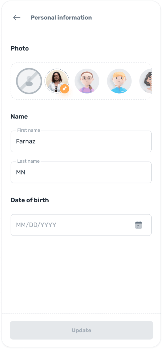 Profile picture, name, and date of birth